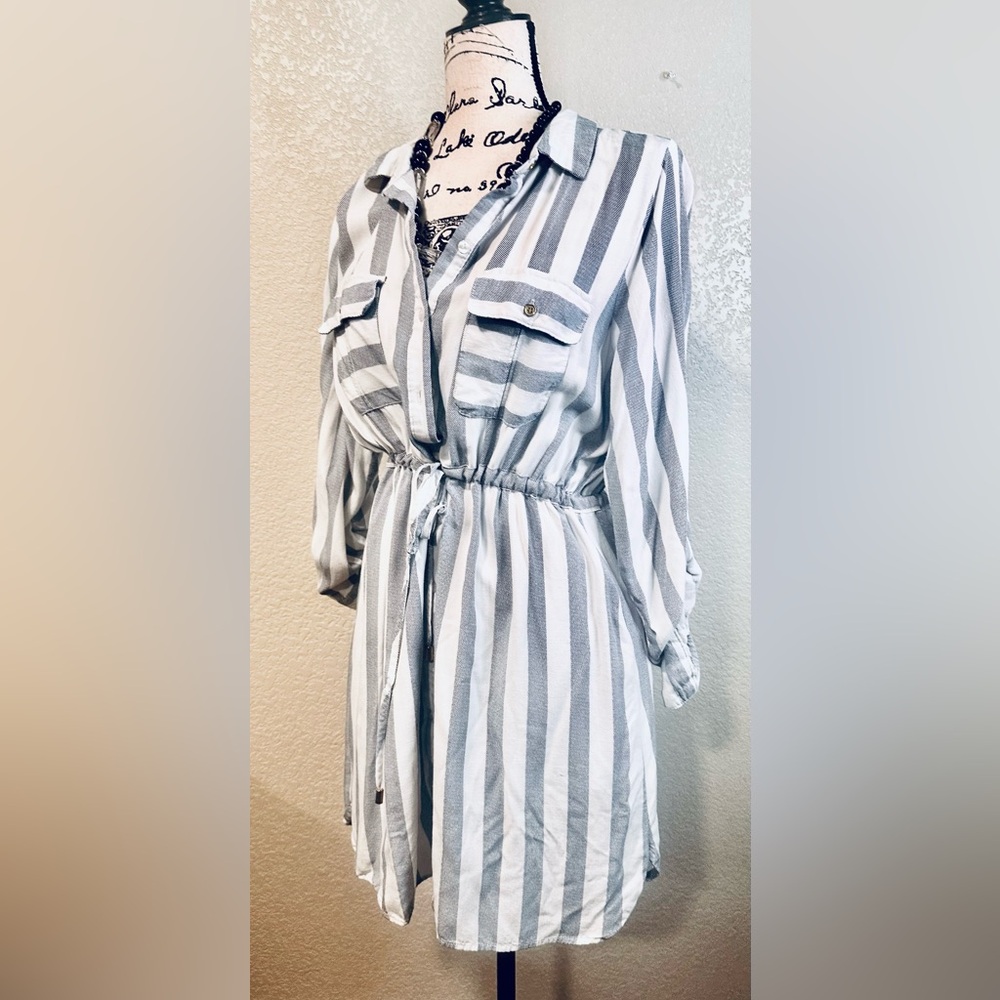 Passport Striped Long Sleeve Drawstring Shirt Dress in White and Gray